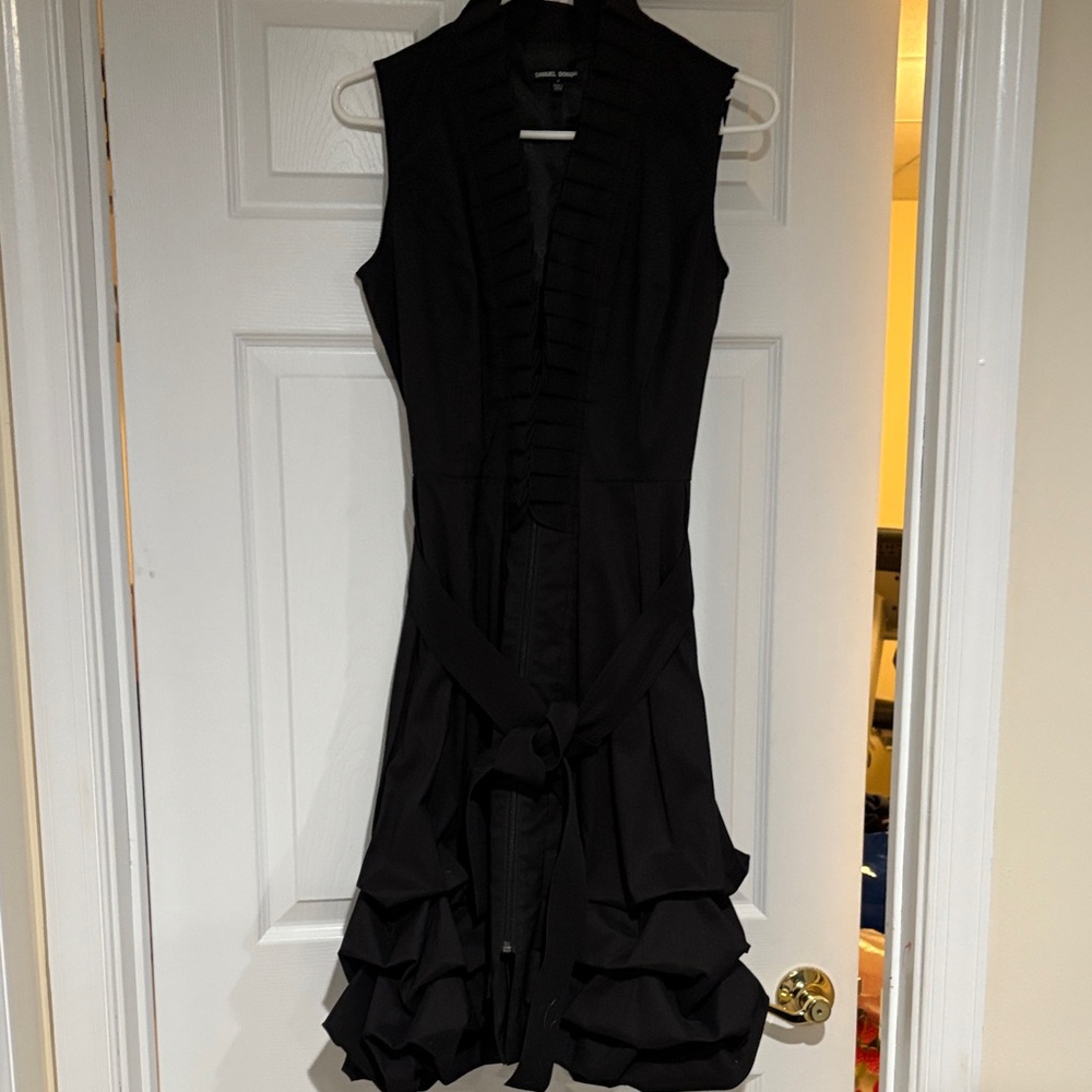 Samuel Dong Black Ruffled Midi Cocktail Dress